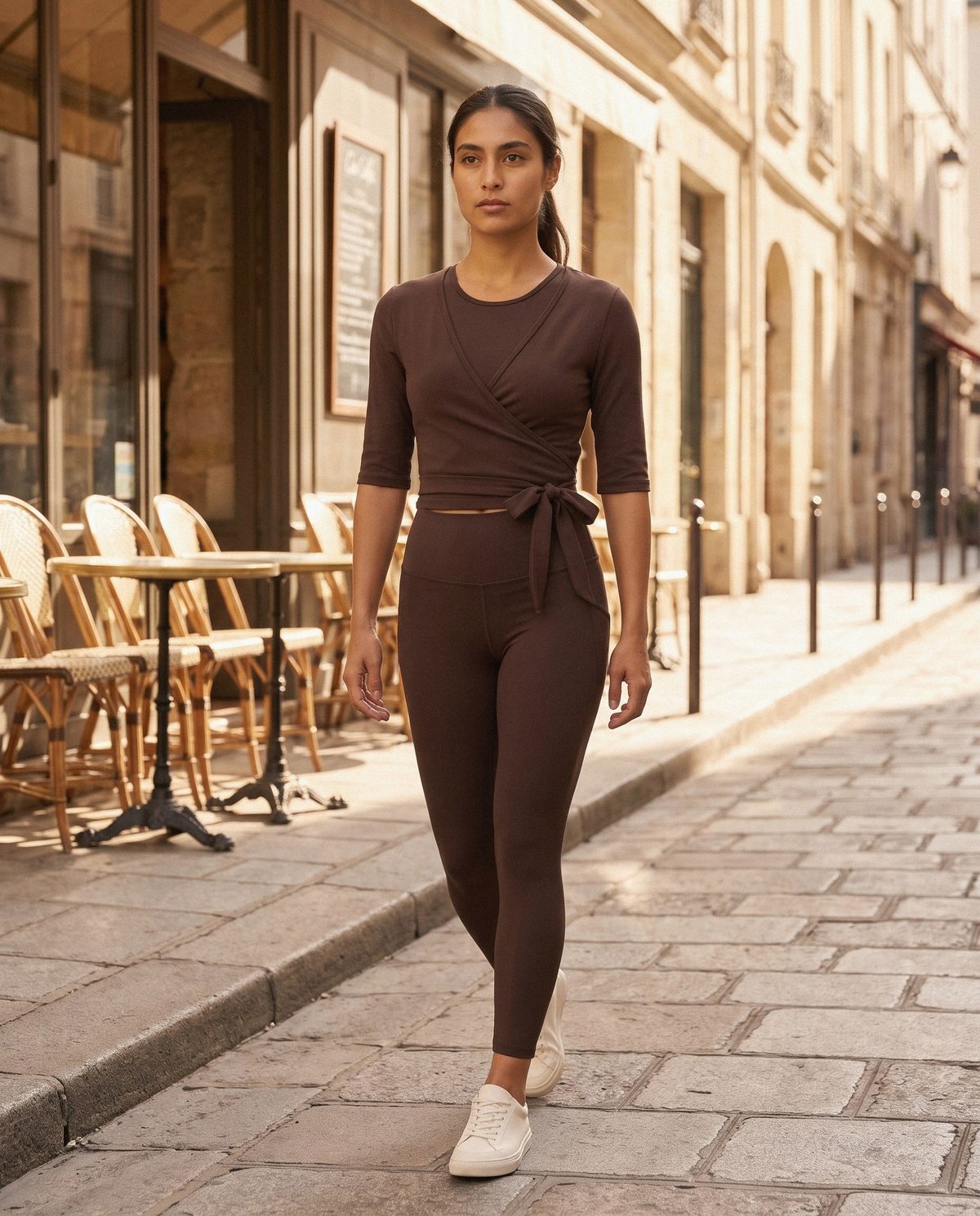 The Forme set worn with the Wrap on a city street
